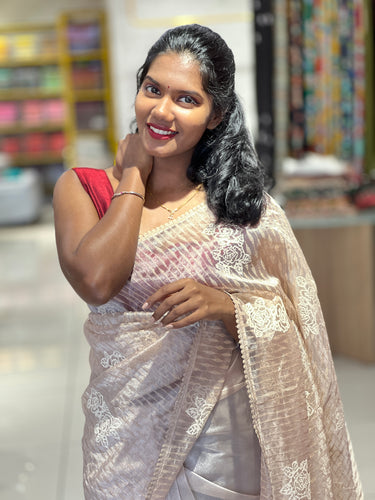 Floral Cross Stitch Embroidery Detailed Shimmer Organza Saree | BLD1463