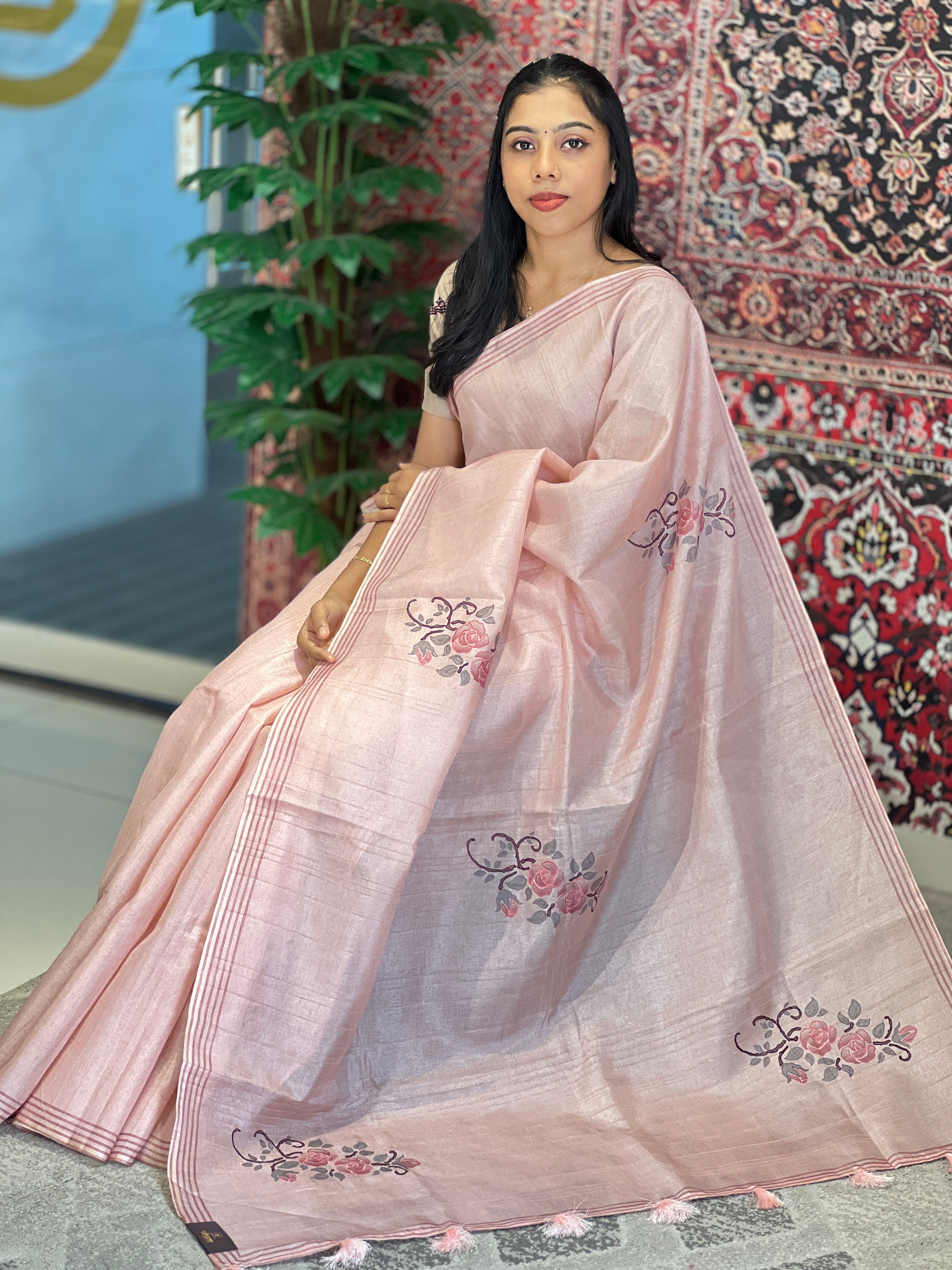 Floral Applique With Embroidery Detailed Noil Tussar Finish Saree | BLD1470