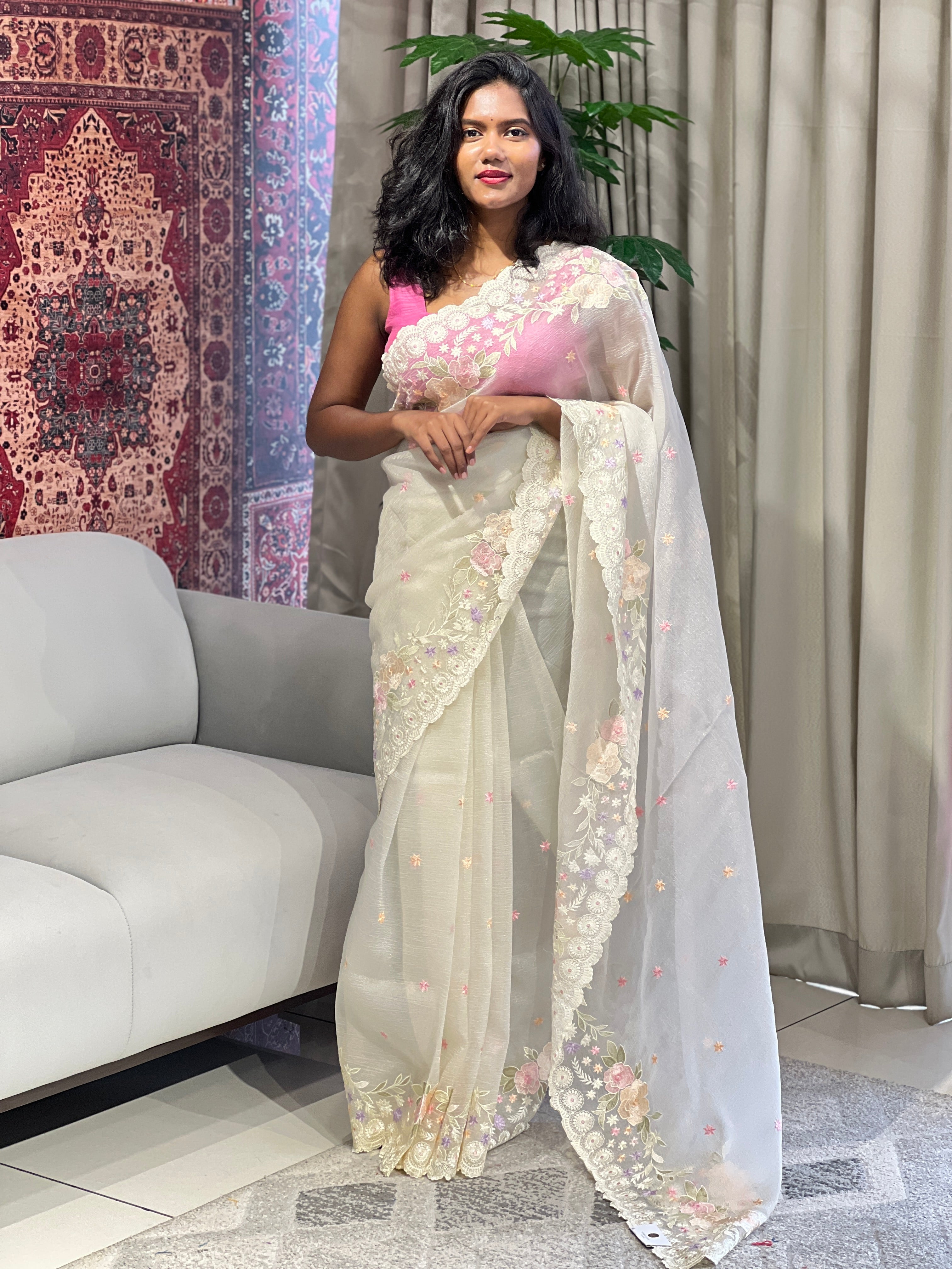 Floral Machine Embroidery Detailed Crushed Shimmer Organza Saree | BLD1550
