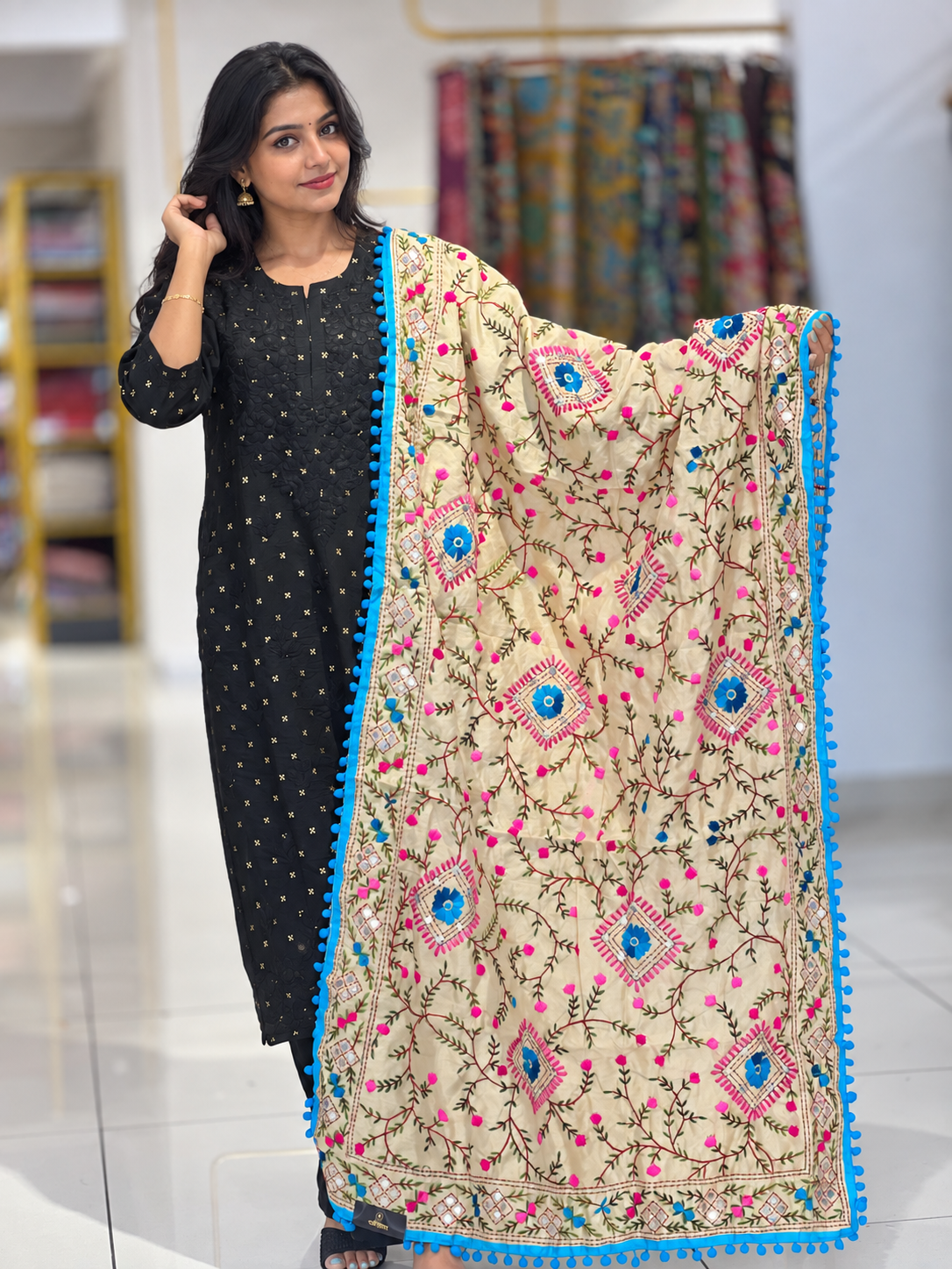 Traditional Thread Embroidery Detailed Chanderi Finish Dupatta | VET292