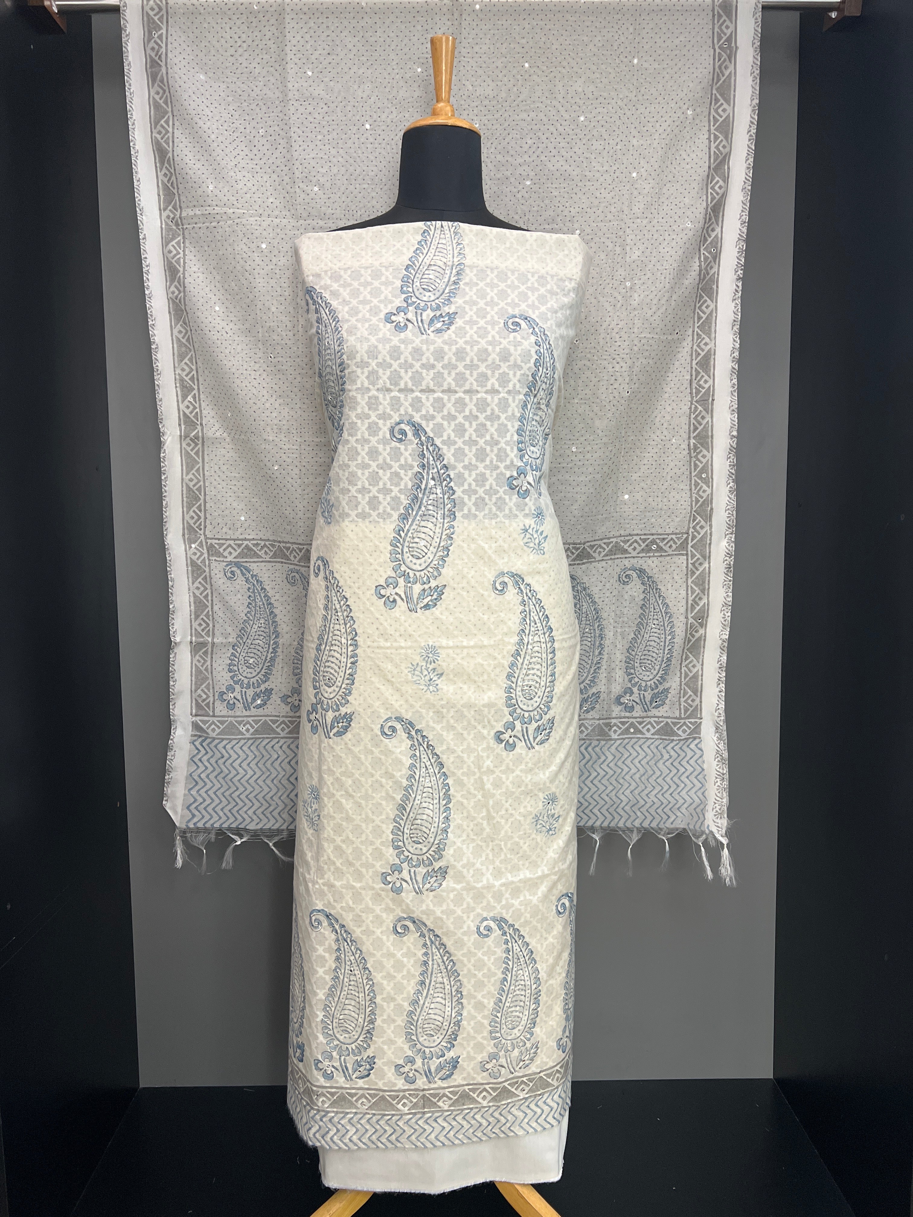 Block Printed Muga Check Organza Salwar Set | ACF142