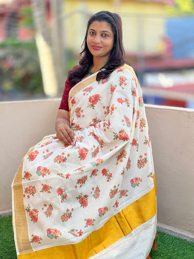 Floral Digital Printed Kerala Cotton Saree | CHA104