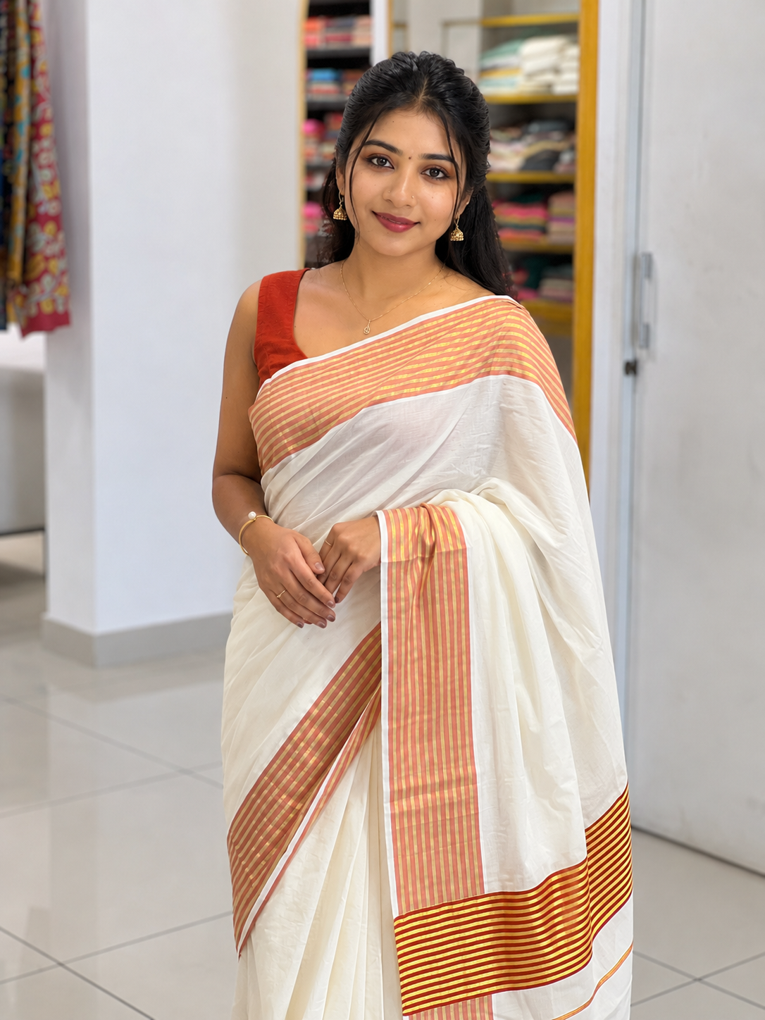 Stripes Detailed Kerala Cotton Saree | KL419