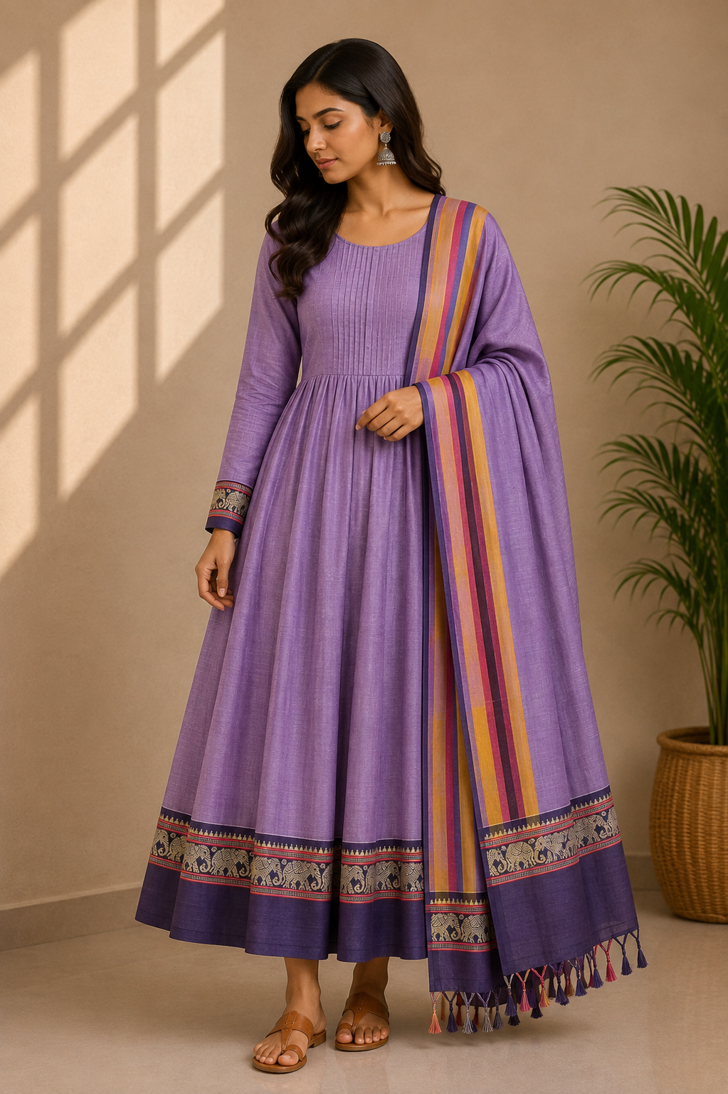 Elephant Motif Bordered Kanchi Cotton Dhavani Set | GAS101