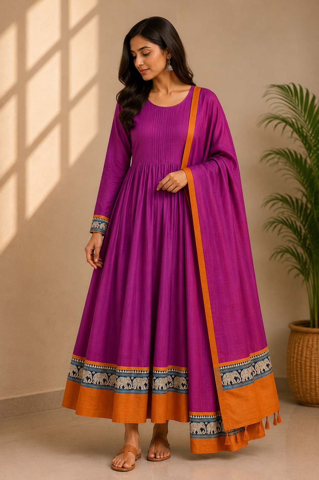 Elephant Motif Bordered Kanchi Cotton Dhavani Set | GAS102