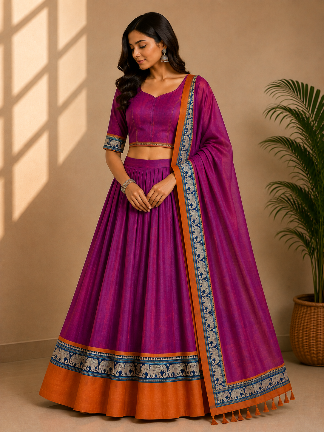 Elephant Motif Bordered Kanchi Cotton Dhavani Set | GAS102