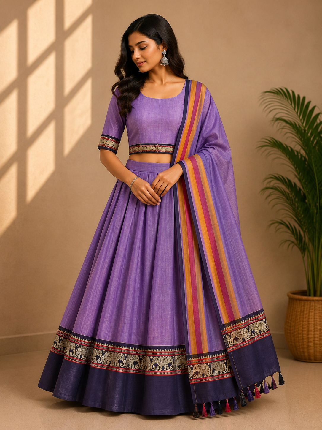 Elephant Motif Bordered Kanchi Cotton Dhavani Set | GAS101