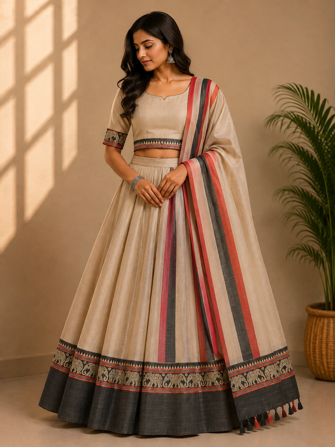 Elephant Motif Bordered Kanchi Cotton Dhavani Set | GAS103