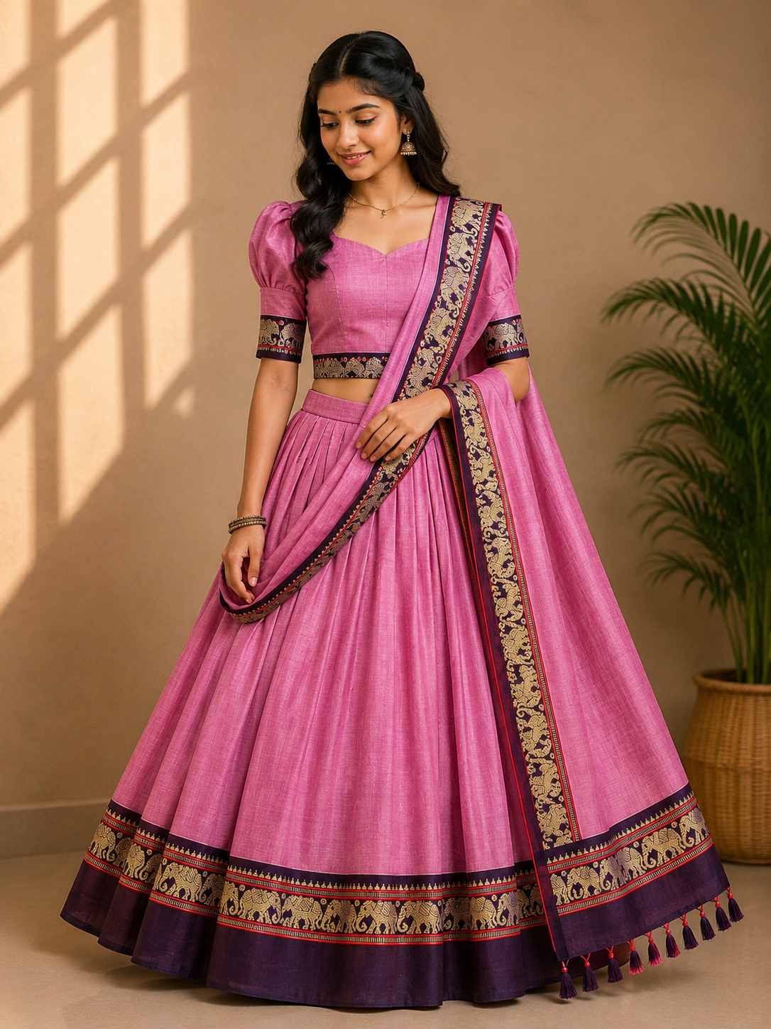 Elephant Motif Bordered Kanchi Cotton Dhavani Set | GAS104