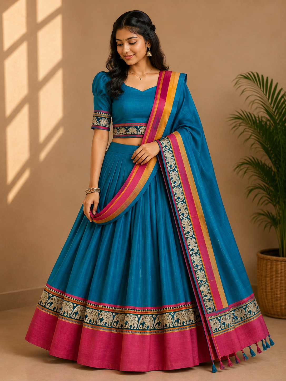 Elephant Motif Bordered Kanchi Cotton Dhavani Set | GAS105