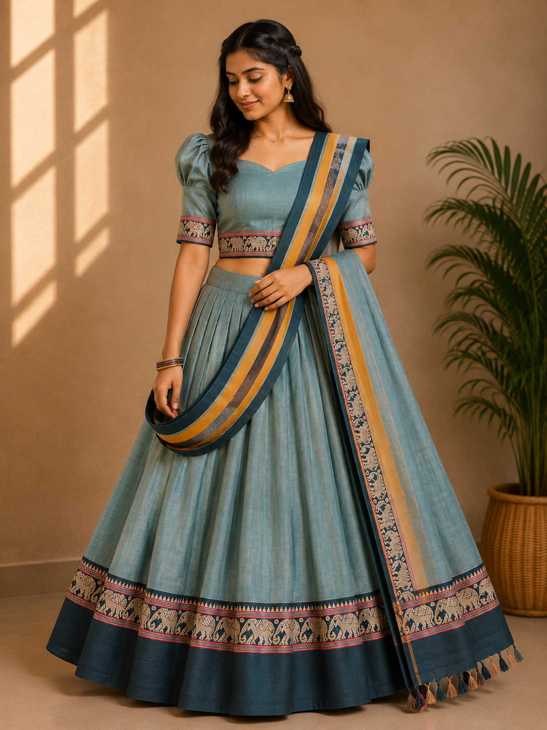 Elephant Motif Bordered Kanchi Cotton Dhavani Set | GAS106
