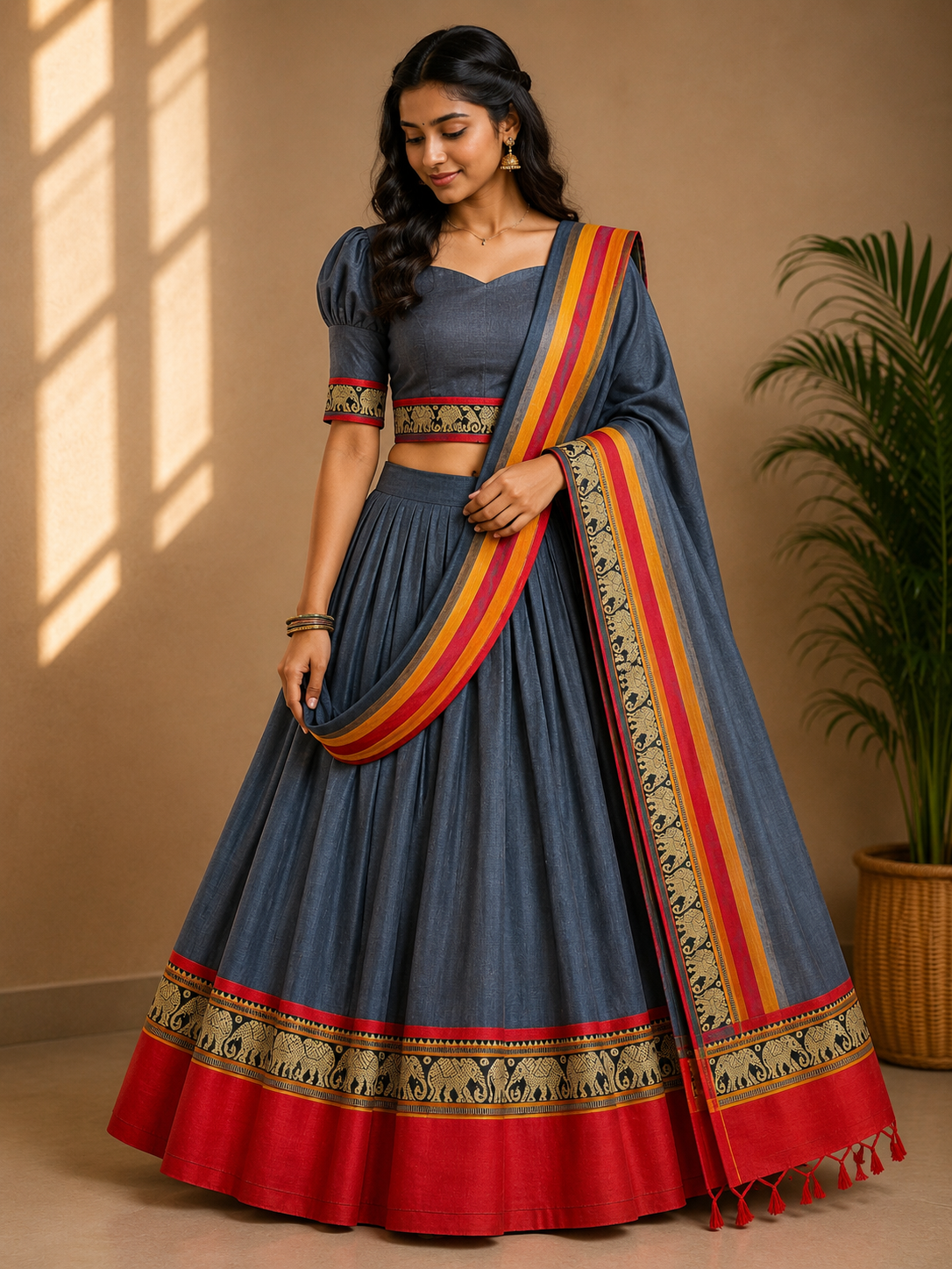 Elephant Motif Bordered Kanchi Cotton Dhavani Set | GAS108