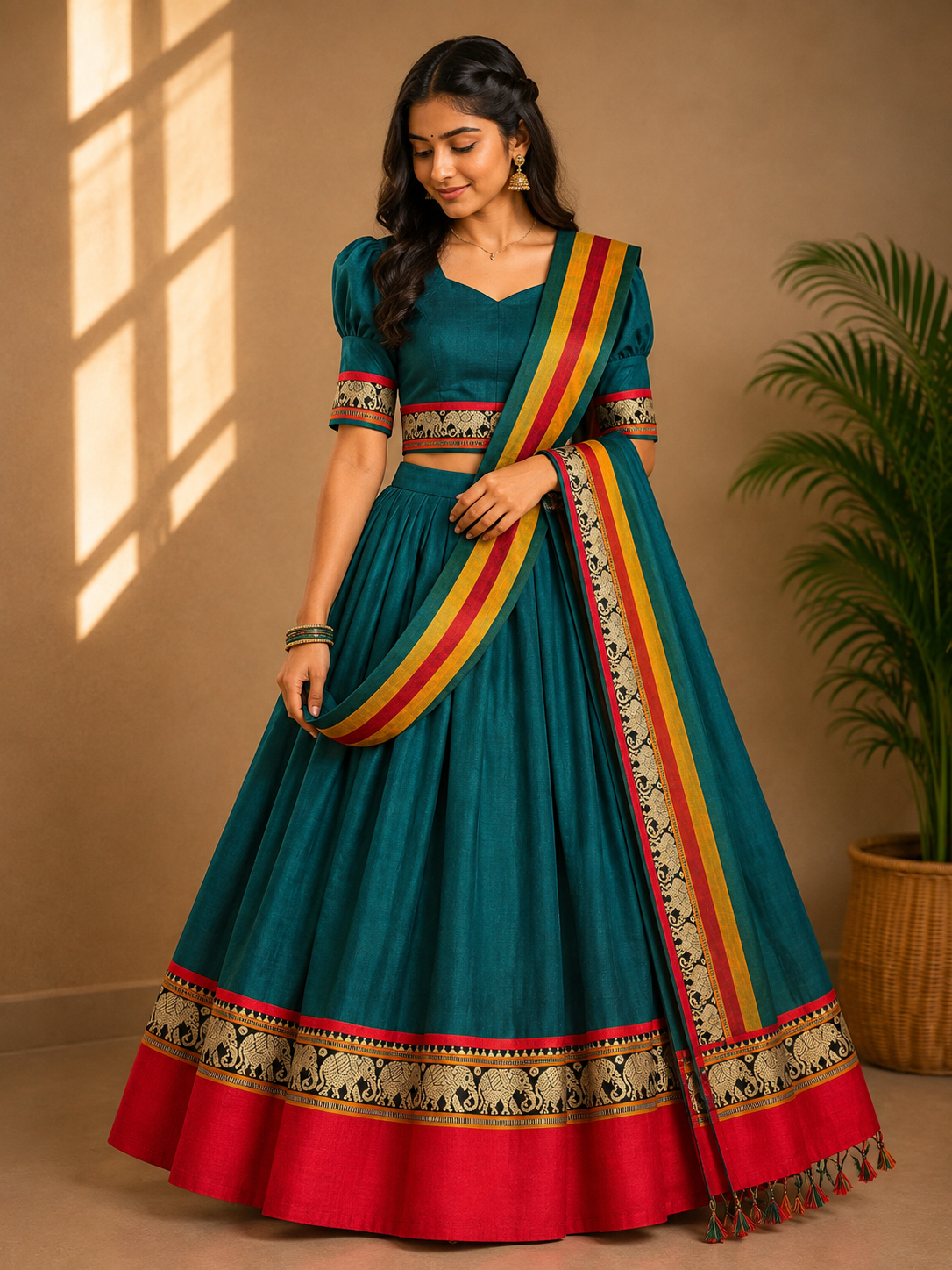 Elephant Motif Bordered Kanchi Cotton Dhavani Set | GAS107