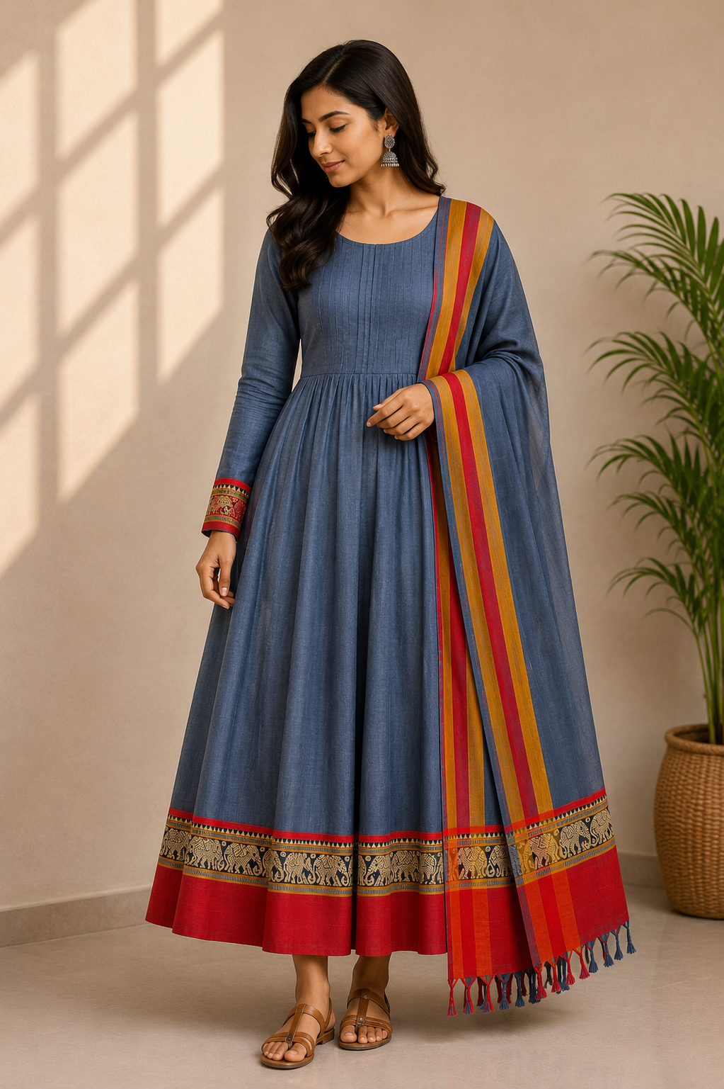 Elephant Motif Bordered Kanchi Cotton Dhavani Set | GAS108