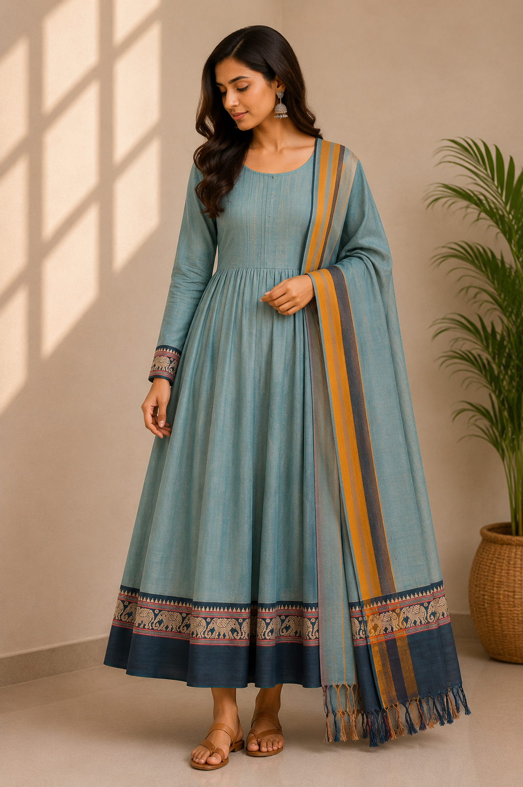 Elephant Motif Bordered Kanchi Cotton Dhavani Set | GAS106