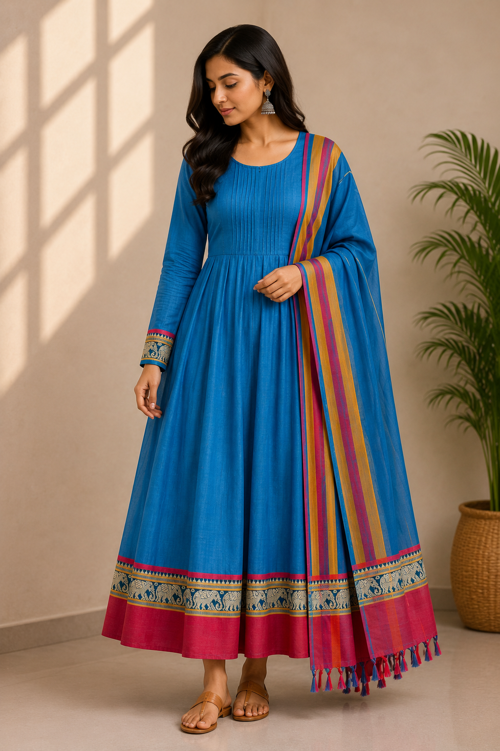 Elephant Motif Bordered Kanchi Cotton Dhavani Set | GAS105