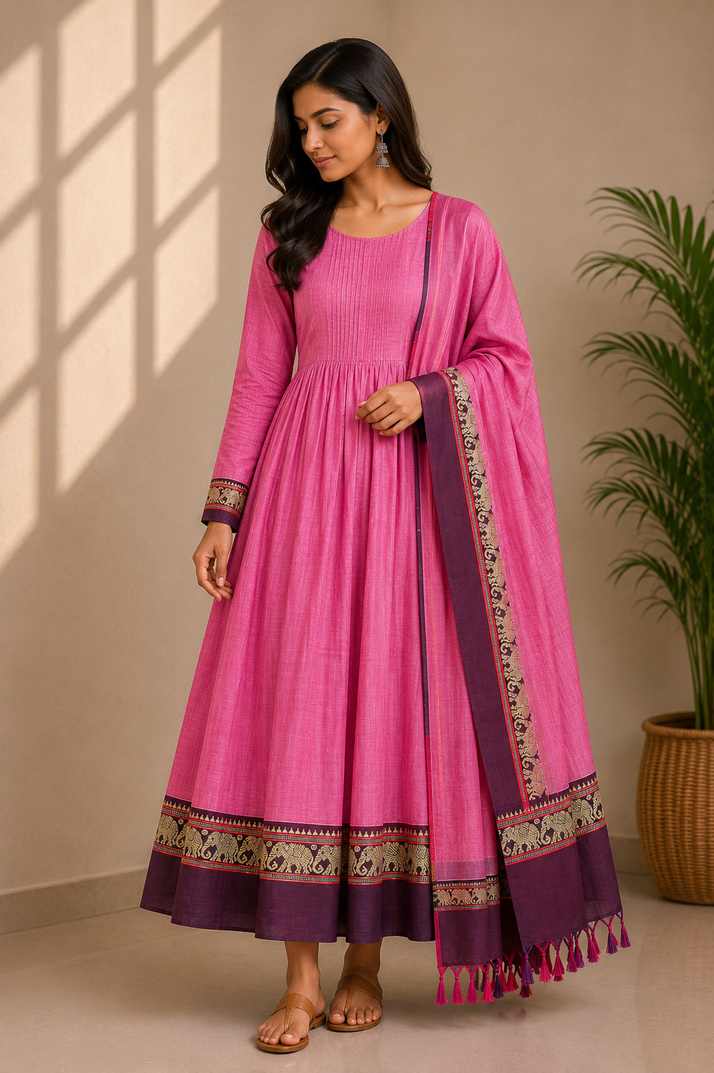 Elephant Motif Bordered Kanchi Cotton Dhavani Set | GAS104