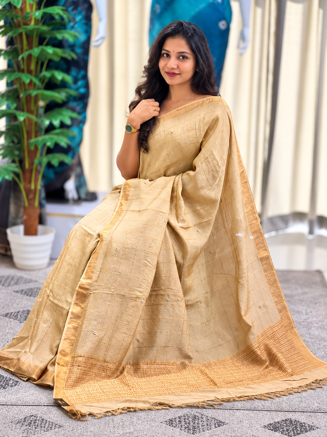 Zari Check Pattern With Mirror Detailed Pure Tussar Saree | RGD724
