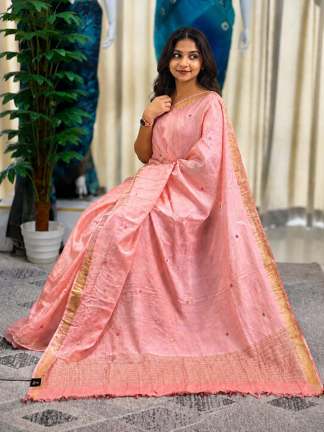 Zari Check Pattern With Mirror Detailed Pure Tussar Saree | RGD726