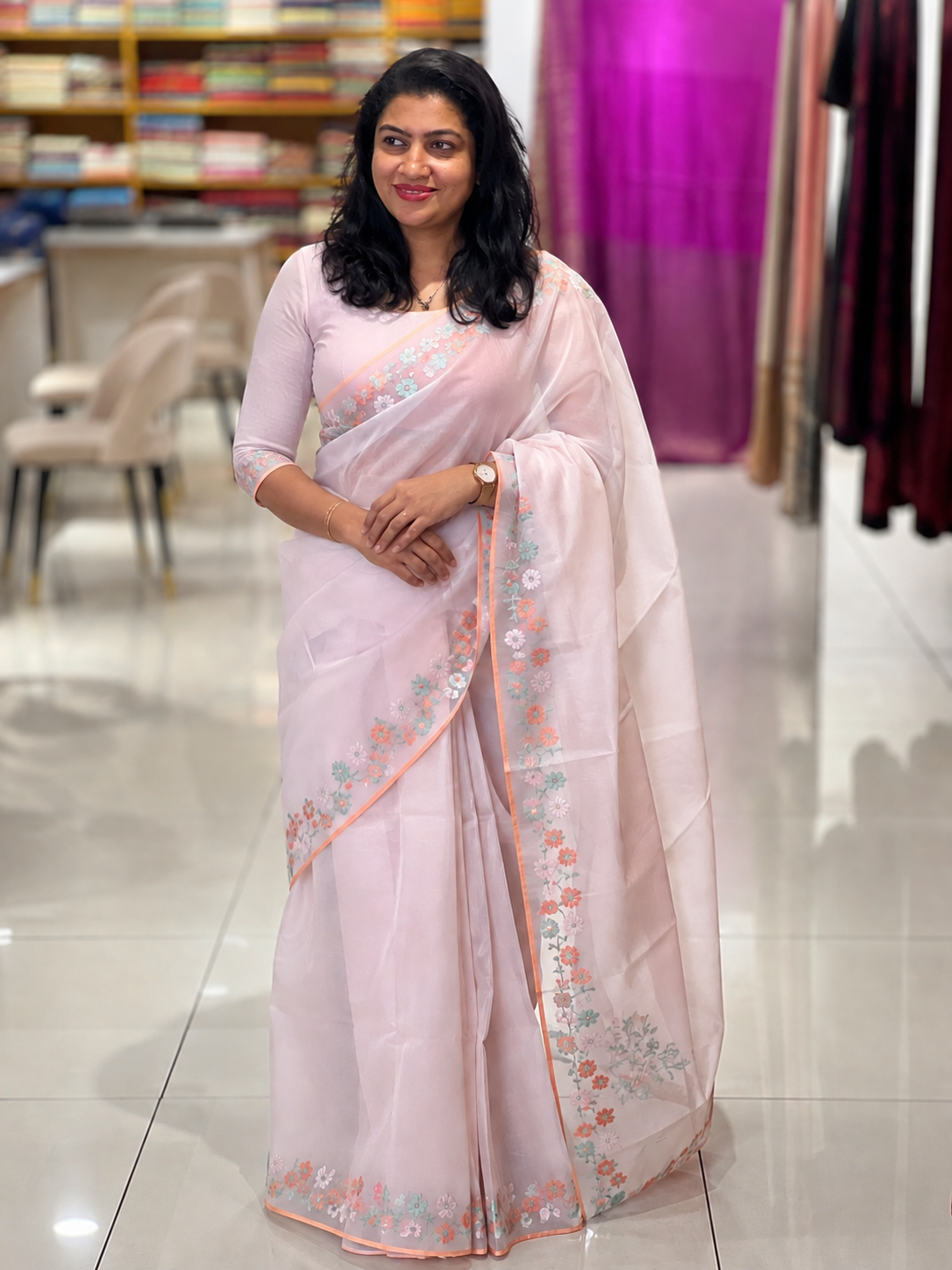 Floral Embroidery Detailed Organza Saree | JSC255