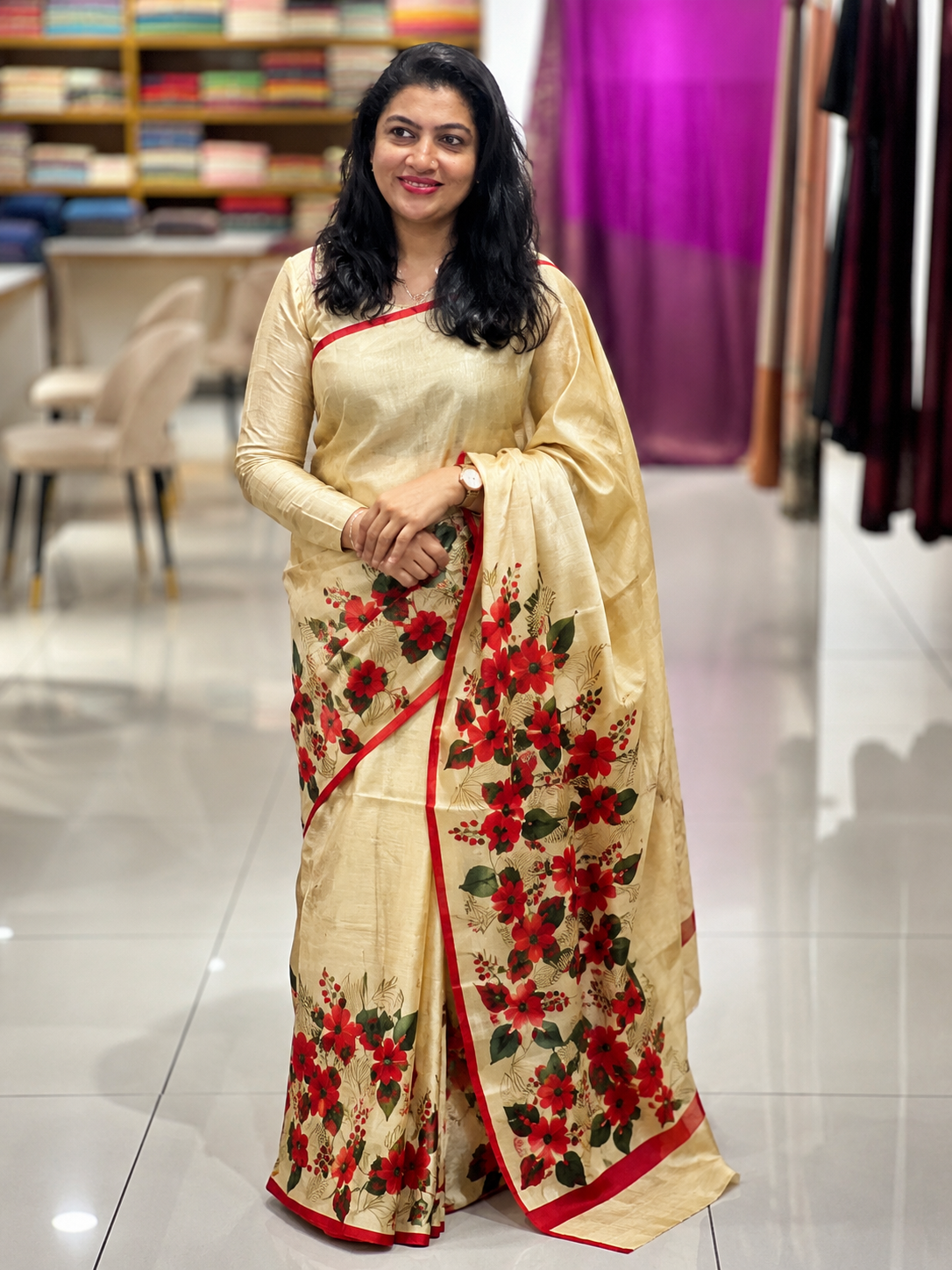 Floral Hand Painted Chanderi Saree | JSC543