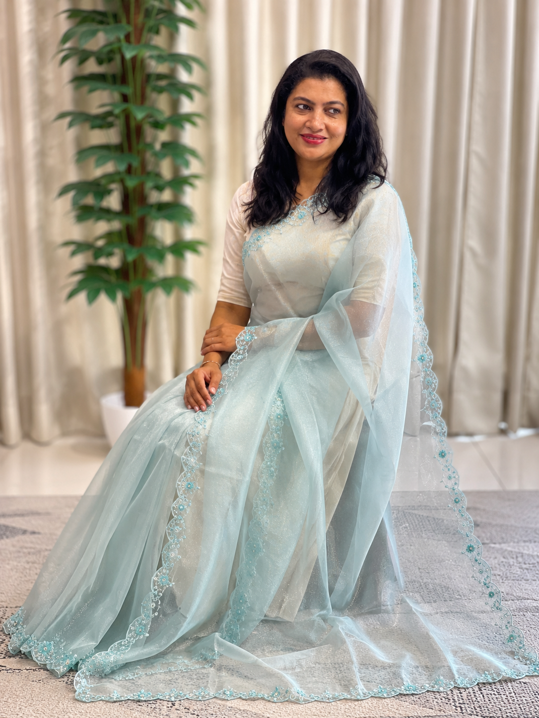 Embroidered Pattern Crushed Shimmer Organza Saree | SBP957