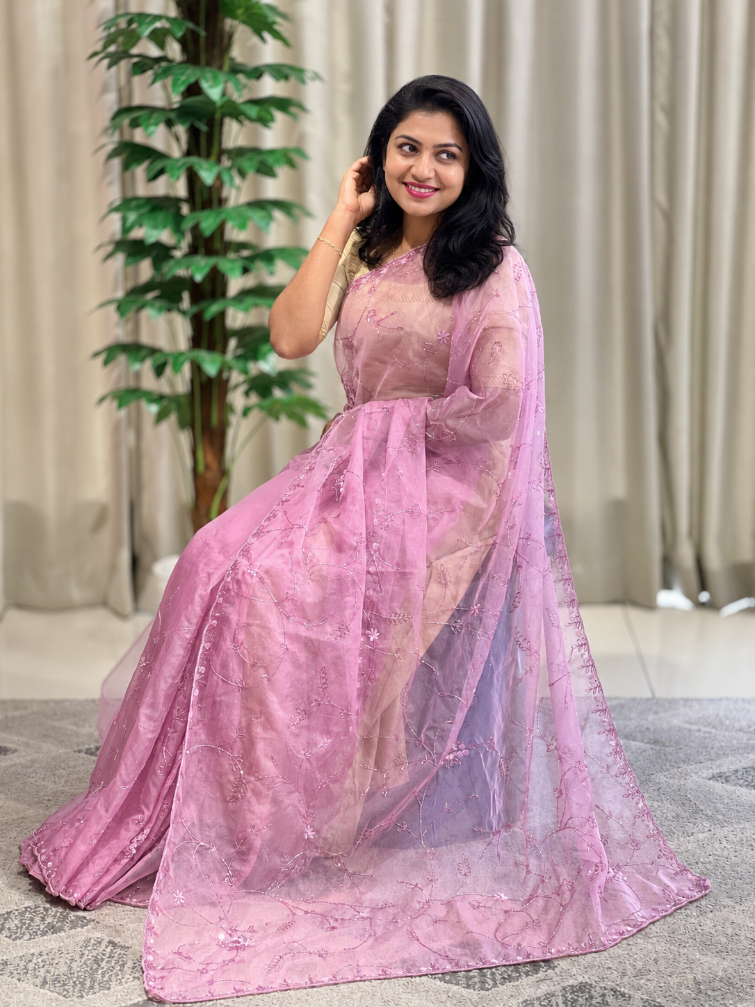Sequence & Cut Beads Worked Organza Saree | SBP995