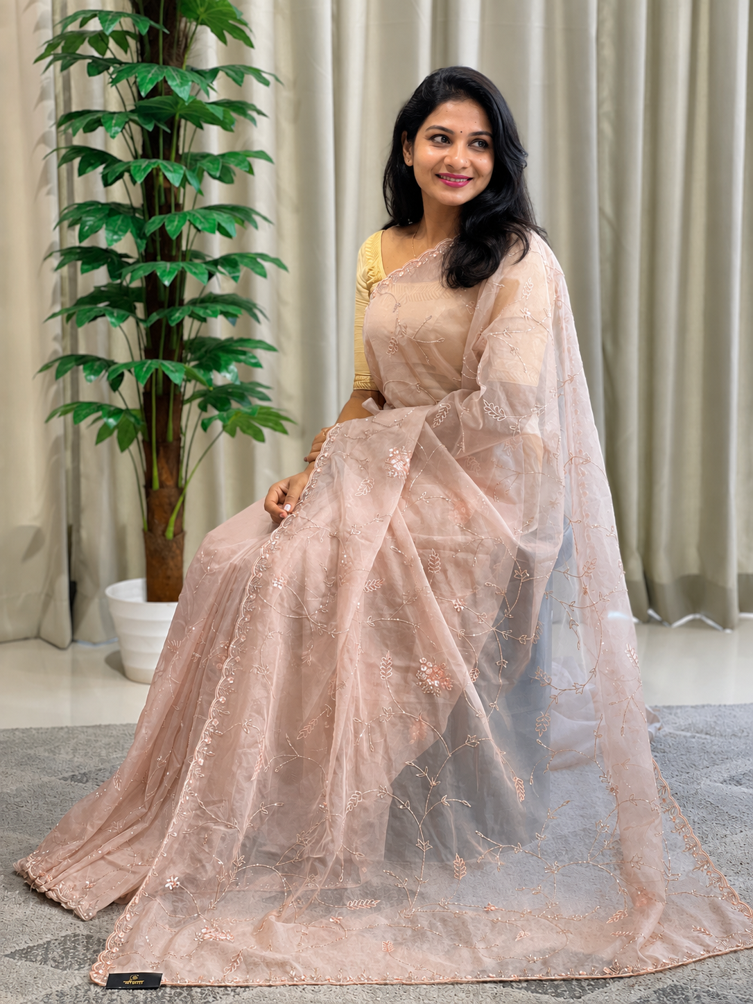 Sequence & Cut Beads Worked Organza Saree | SBP998