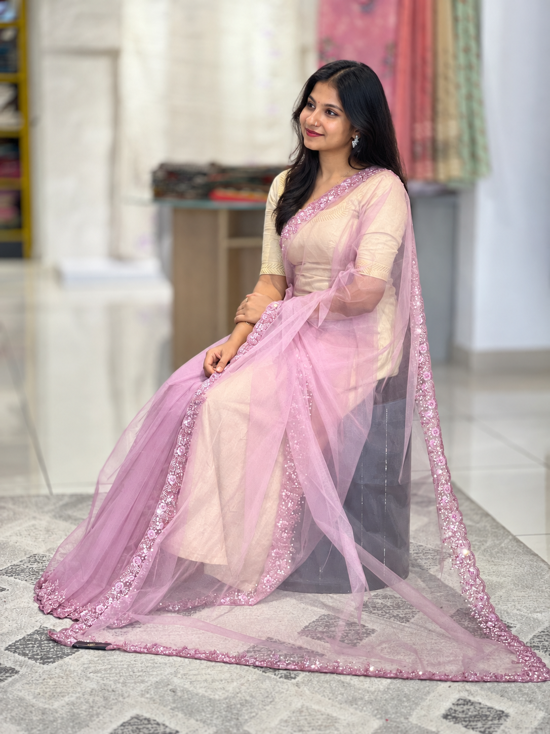 Beads Work Embroidered Net Saree | SBP796