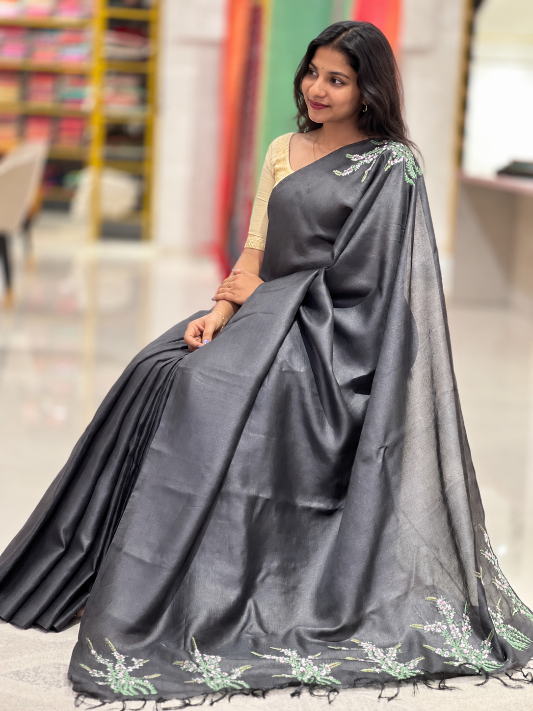 Floral Embroidery Placement Detailed Desi Tussar Saree | DSA140