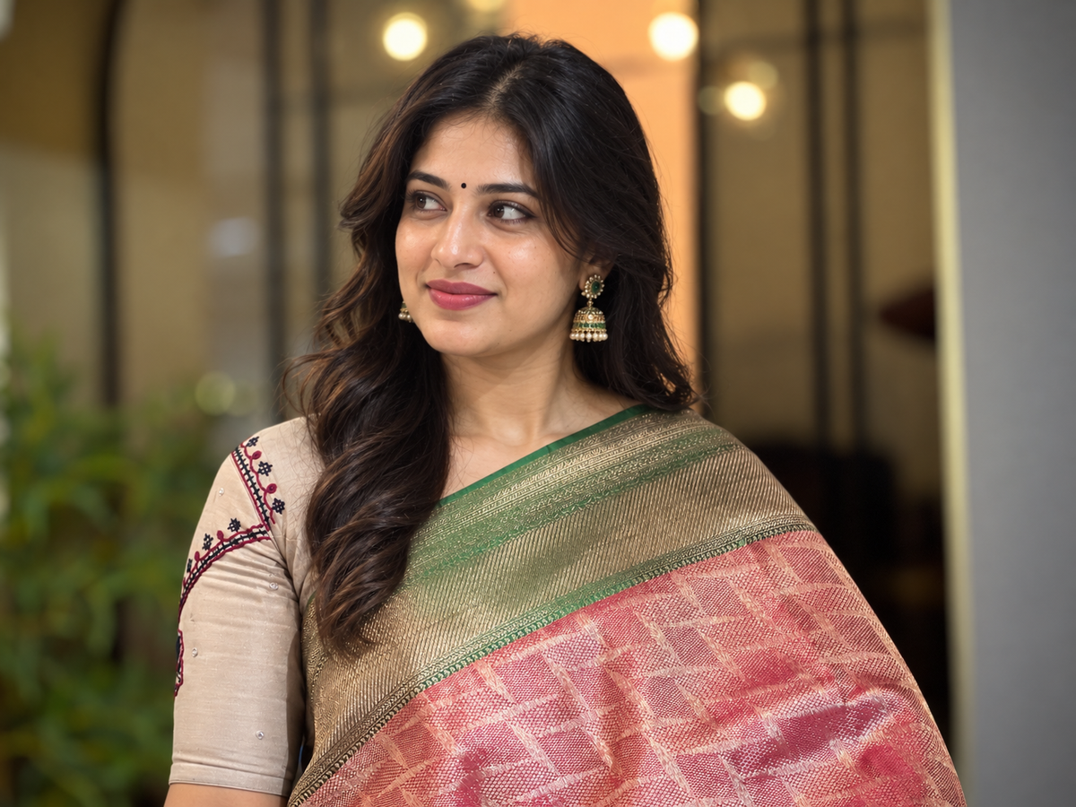 Geometric Patterned Handloom Kanchipuram Saree | OM177