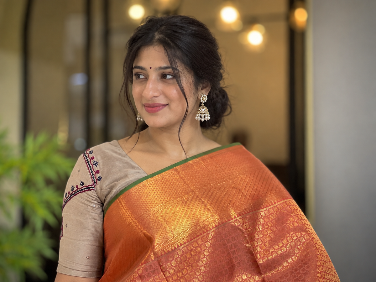 Geometric Patterned Handloom Kanchipuram Saree | OM146
