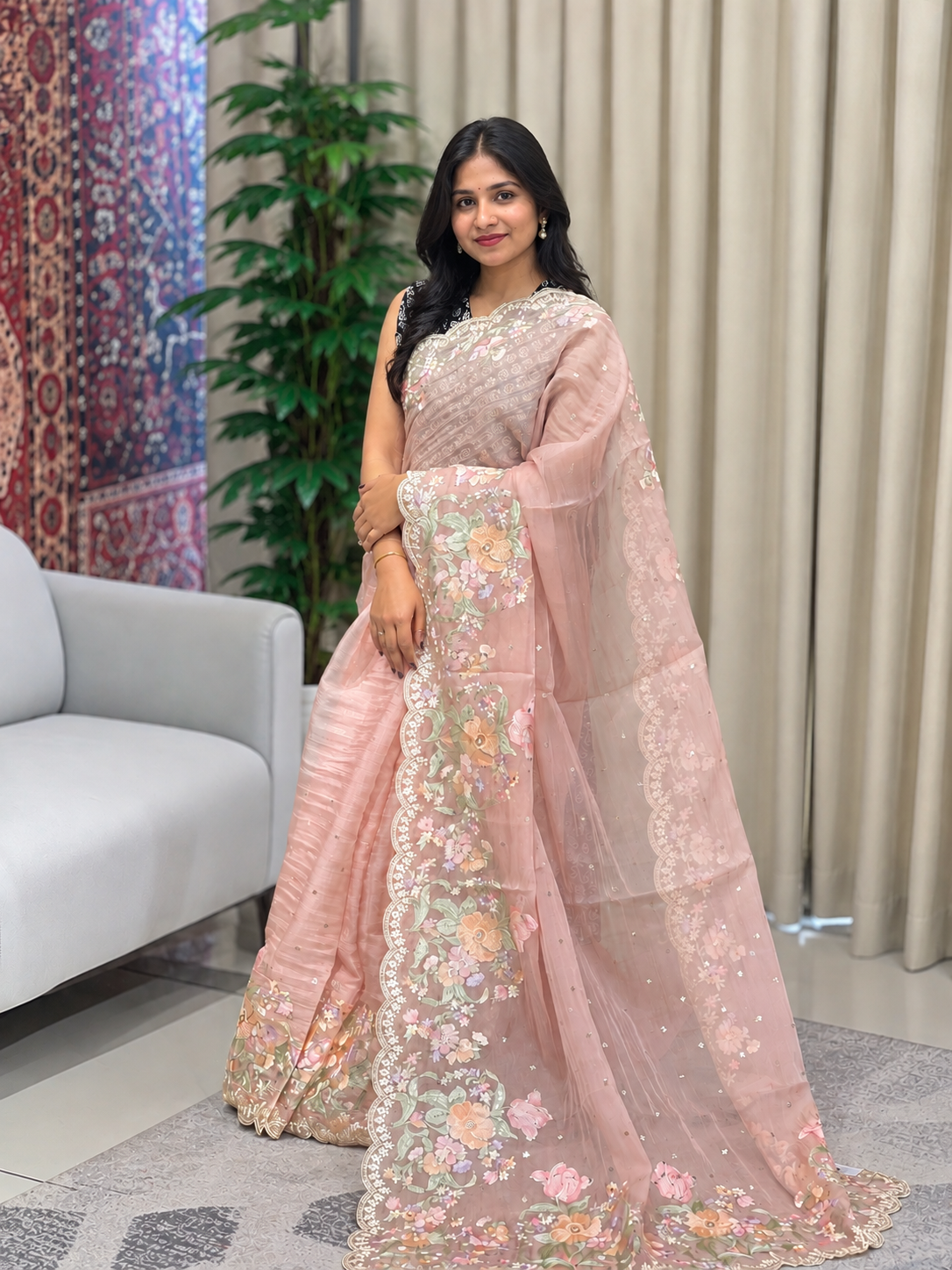 Multicolour Floral Machine Embroidery Detailed Crushed Viscose Organza Saree | BLD1688