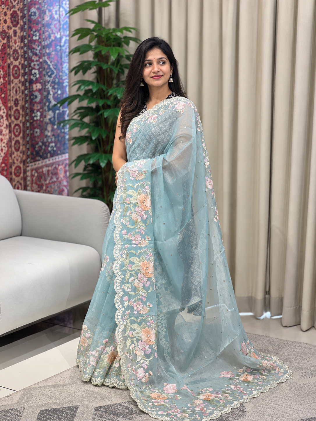 Multicolour Floral Machine Embroidery Detailed Crushed Viscose Organza Saree | BLD1685