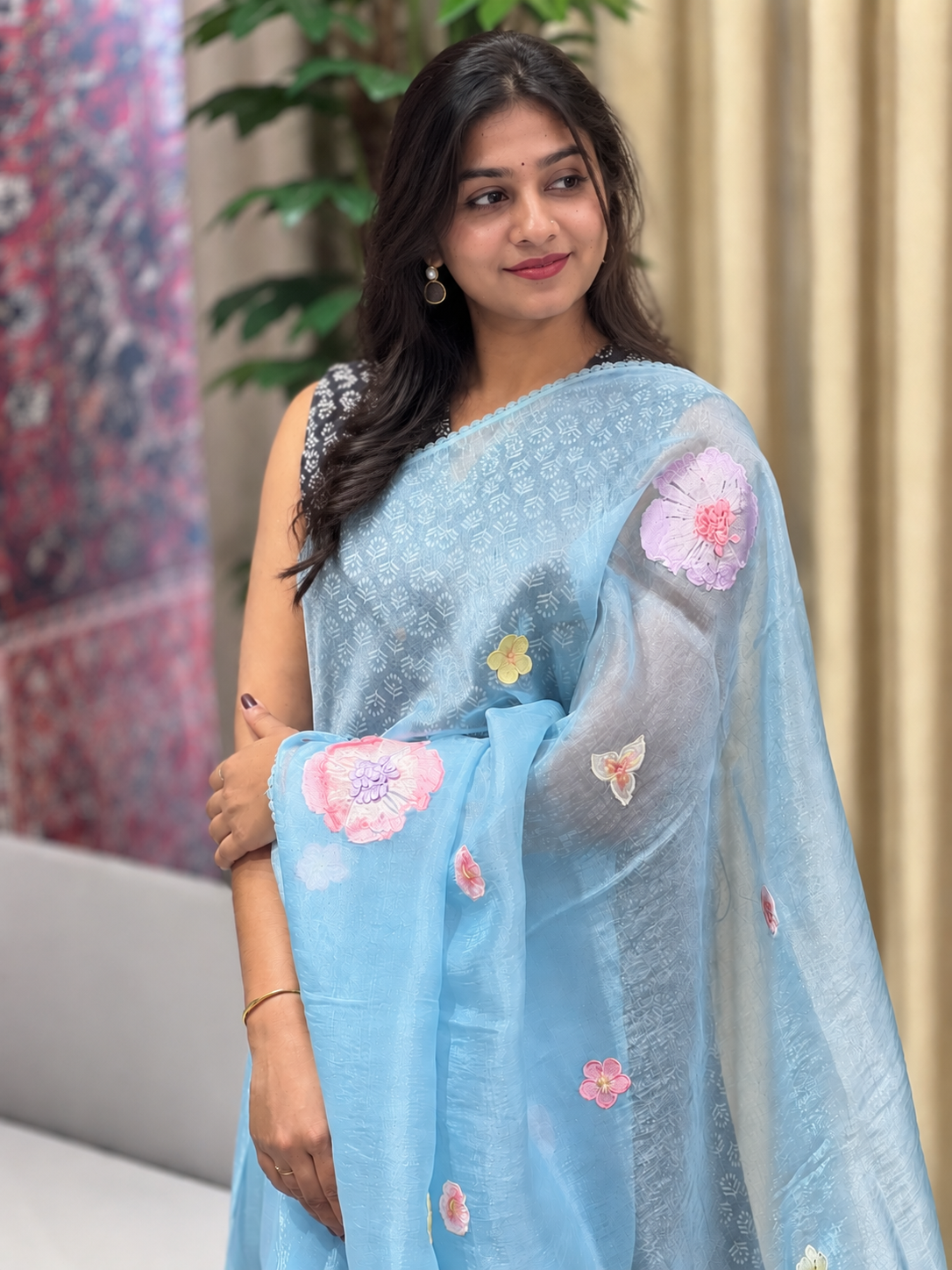 Floral Embroidery Detailed Shimmer Organza Saree | BLD1704