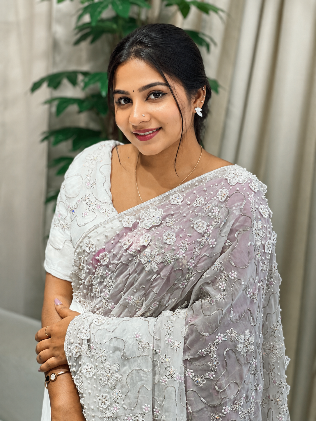 Floral Hand Embroidery Detailed Pure Organza Saree | DNT1009