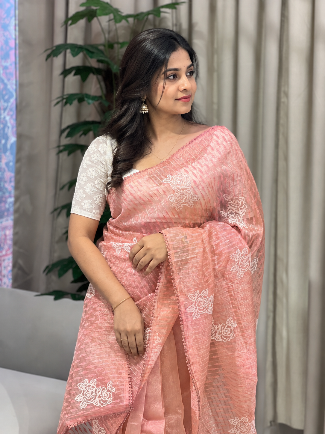 Floral Machine Embroidery Detailed Organza Saree | BLD1604