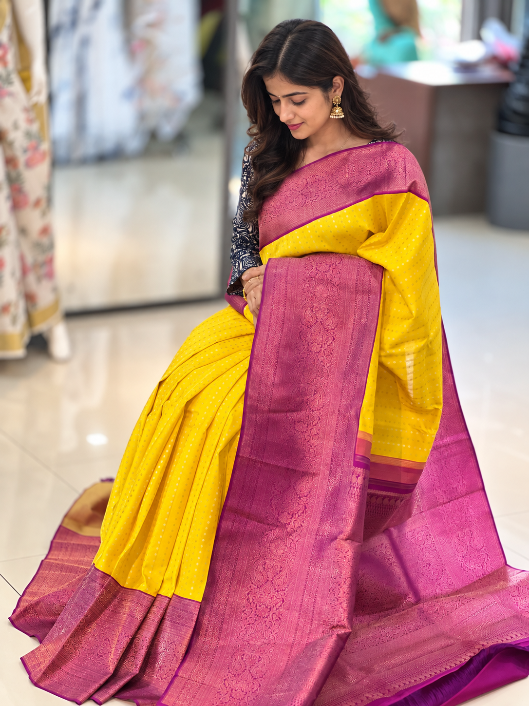 Yellow Color Magenta Pink Combination Kanchipuram Saree | AK153