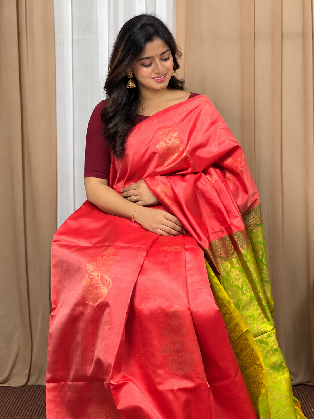 Copper Tone Floral Design Kanchipuram Saree | SRS159