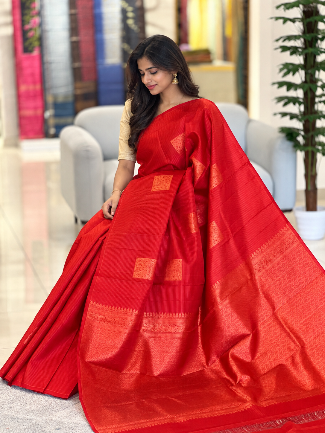 Copper Zari Lines & Square Buta Kanchipuram Saree | CV120