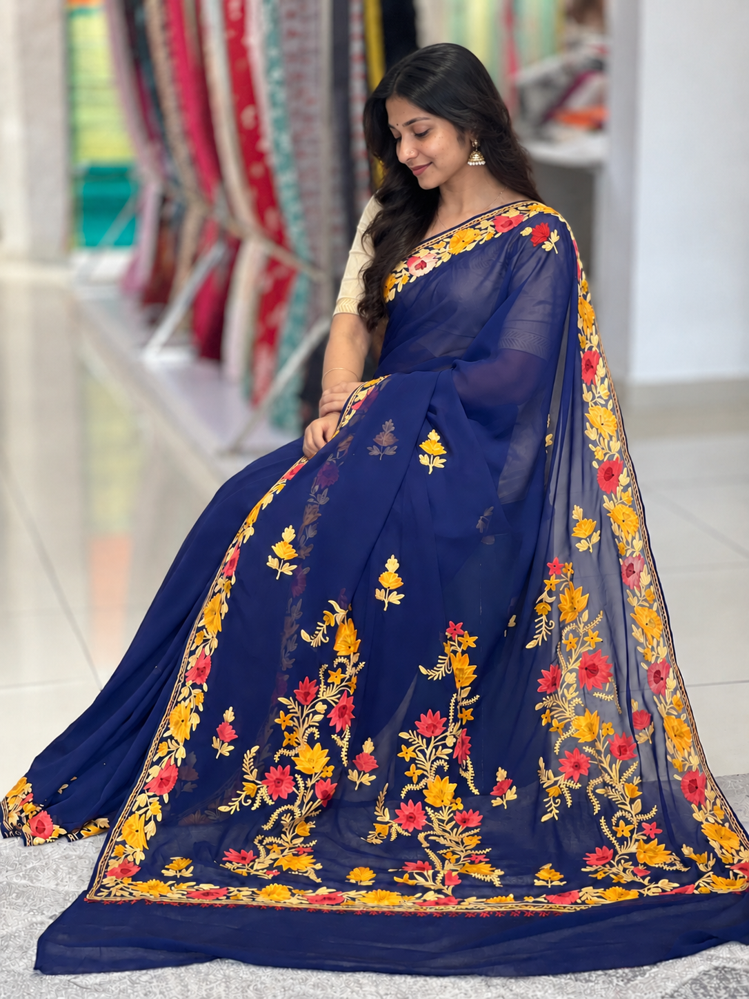 Kashida Inspired Machine Embroidery Georgette Saree | HK252