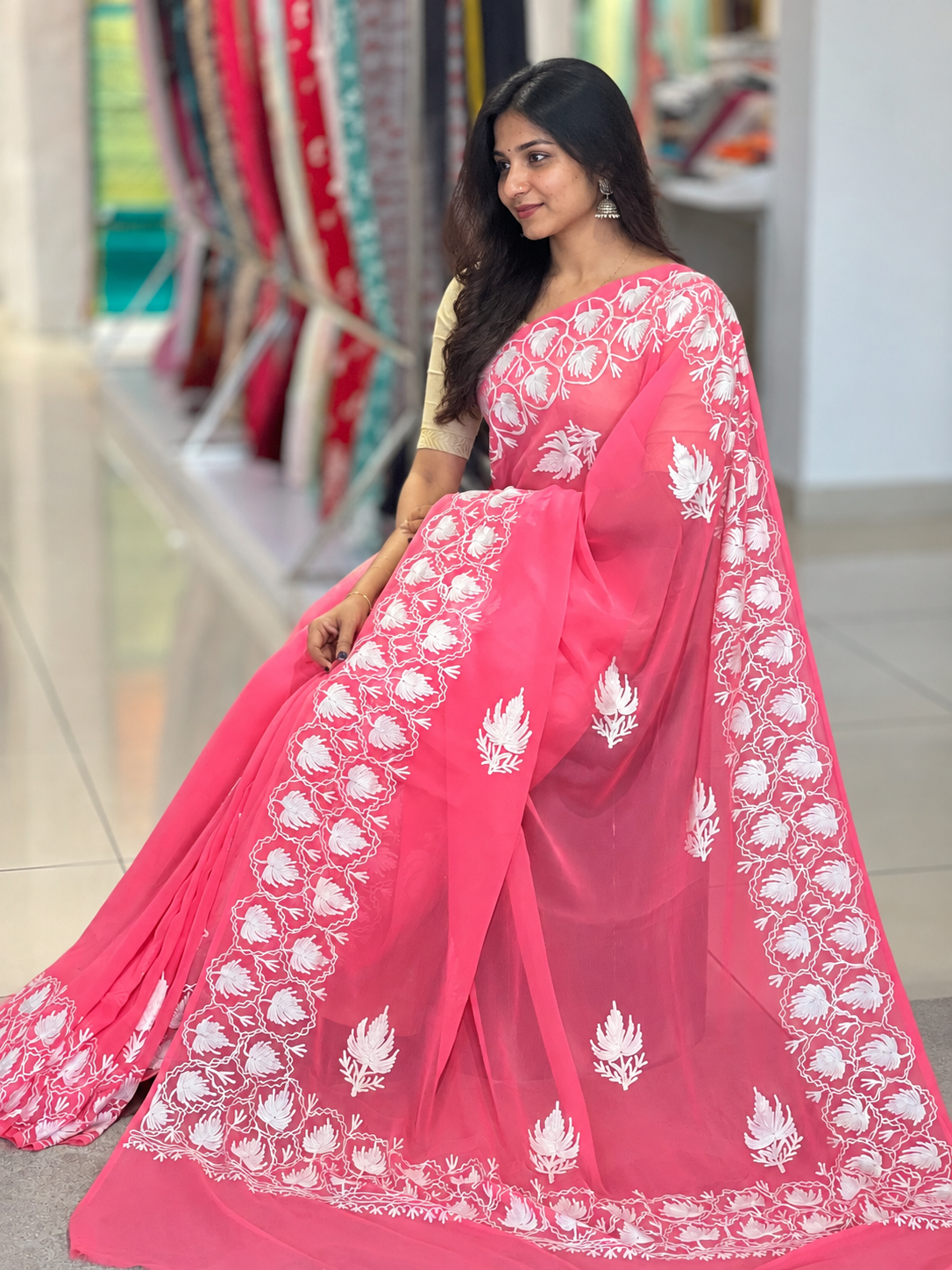 Kashida Inspired Machine Embroidery Georgette Saree | HK252