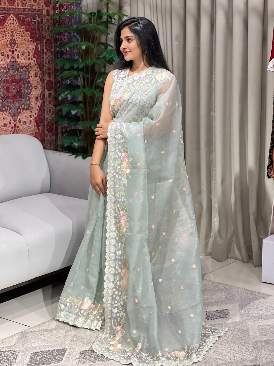 Floral Machine Embroidery Detailed Crushed Shimmer Organza Saree | BLD1551