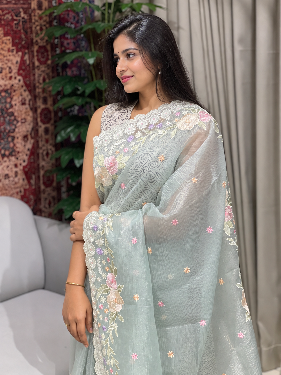 Floral Machine Embroidery Detailed Crushed Shimmer Organza Saree | BLD1551