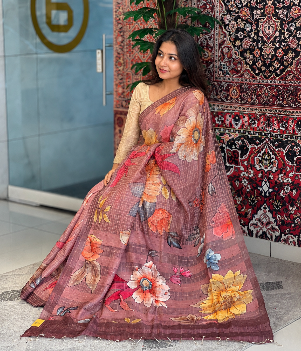 Floral Digital Print Detailed Tussar Saree | MR169