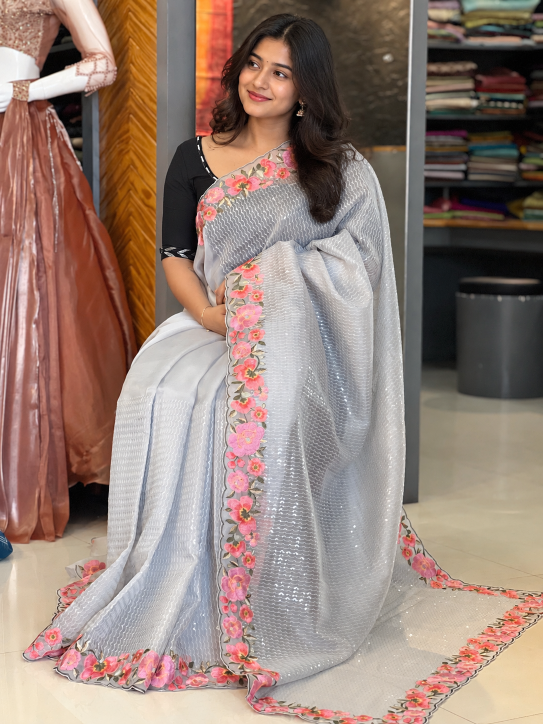 Floral Embroidery Pure Organza Saree | SBS821
