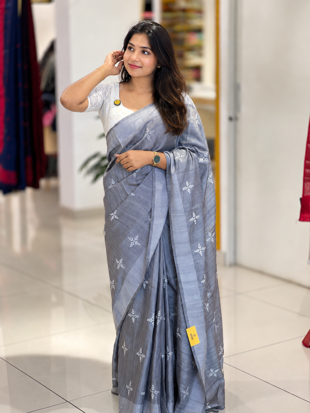 Leaf Patterned Embroidery Detailed Semi Tussar Saree | SUN705