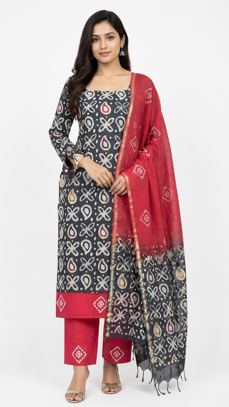 Geometric Floral Hand Block Printered Chanderi Salwar Set |JHF120