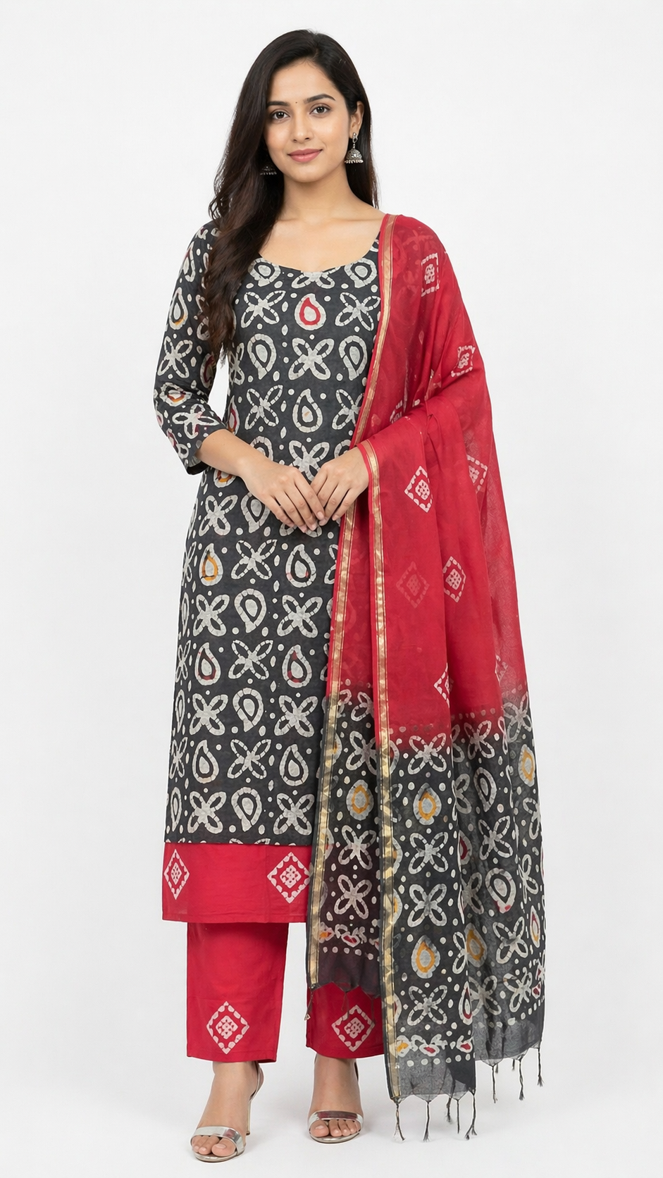 Geometric Floral Hand Block Printered Chanderi Salwar Set |JHF120