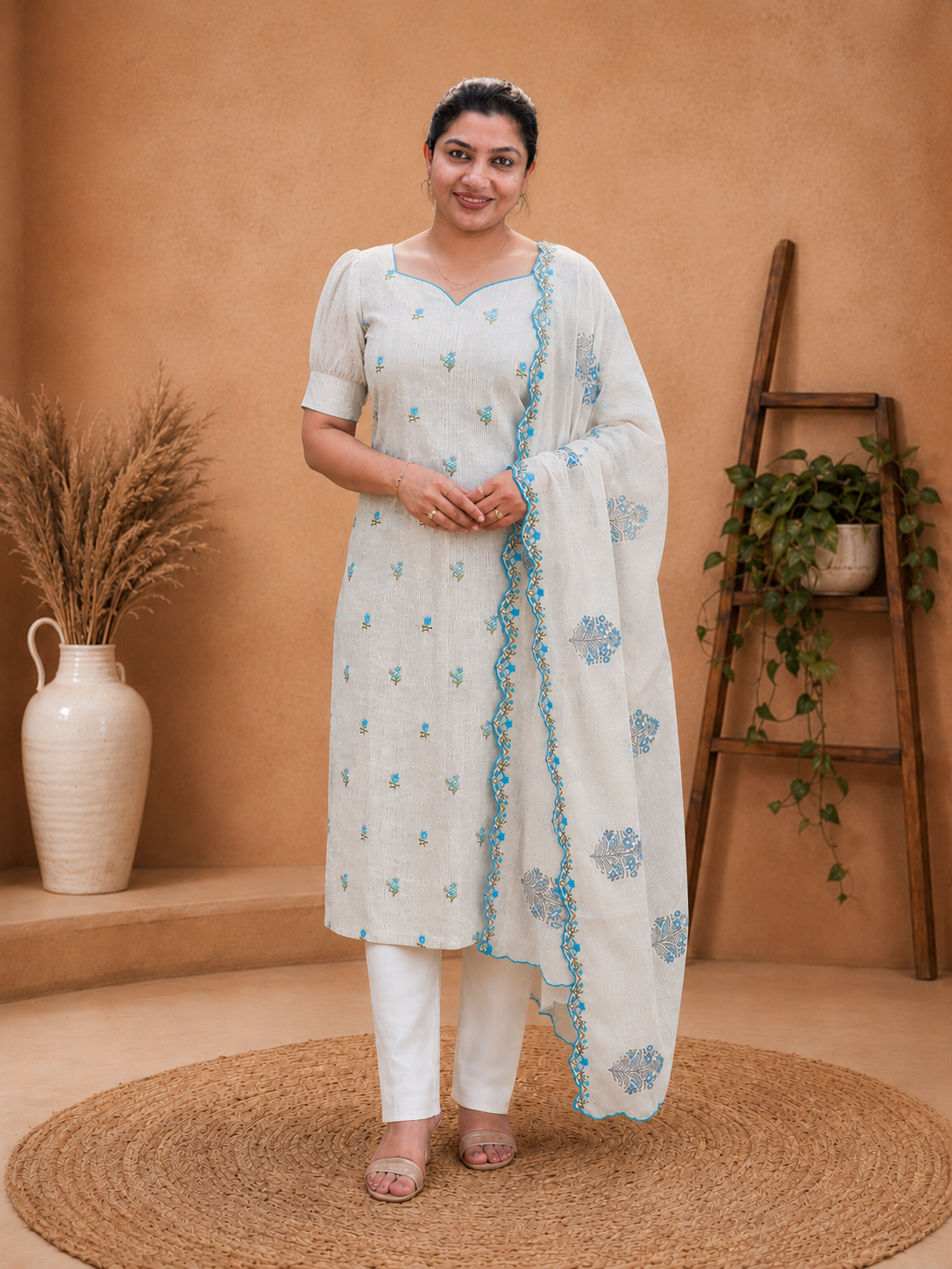 Floral Mechine Embroidery Chanderi Salwar Set | HE310